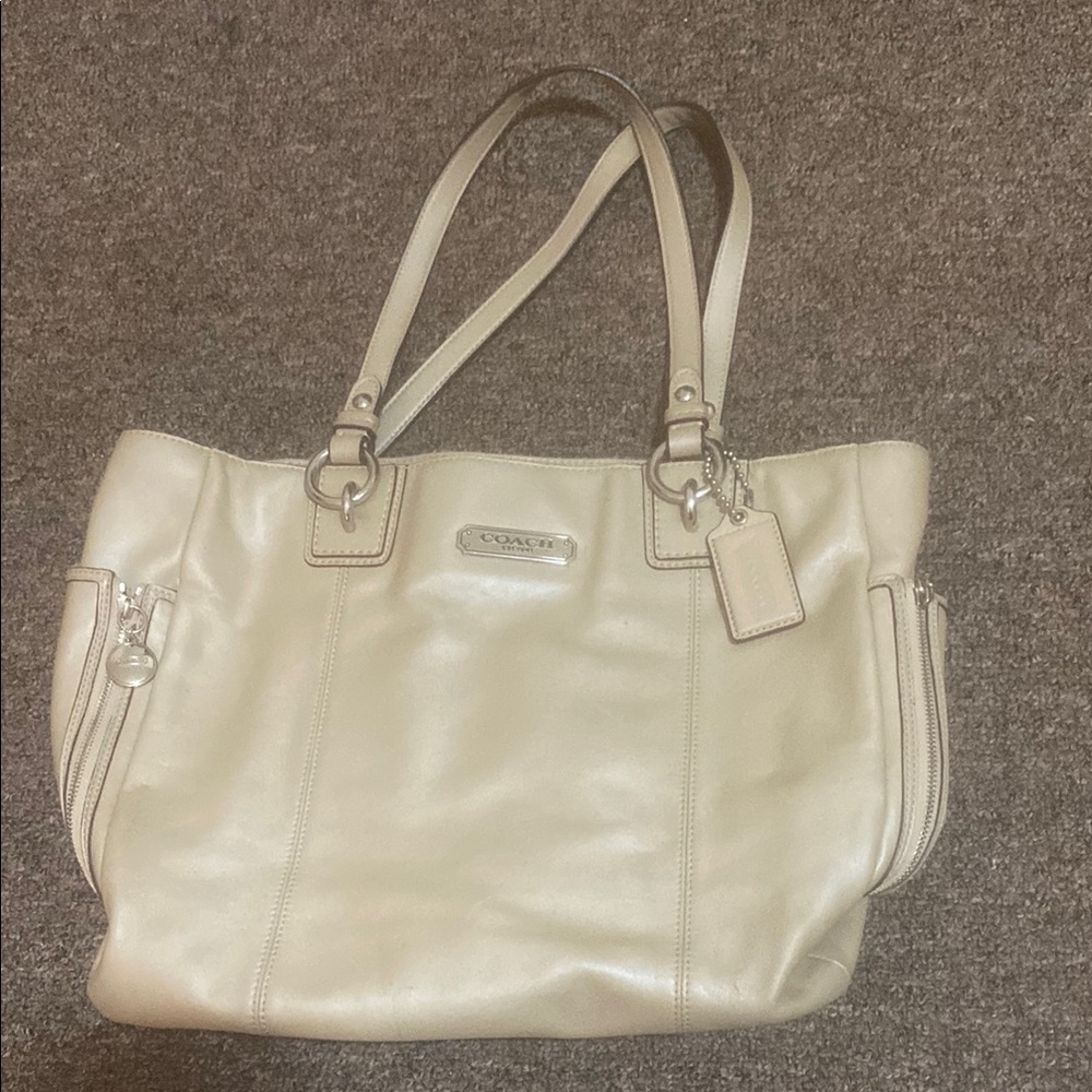 Coach Cream Pebbled Leather Tote with Signature Hang Tag